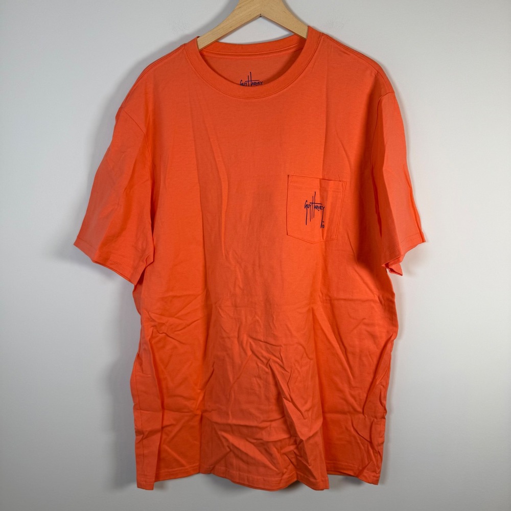 Guy Harvey Saltwater Fishing Pocket Graphic T-Shirt XL Fluorescent Orange Marlin